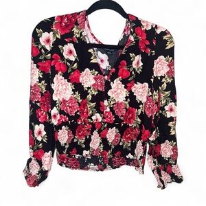 AMERICAN EAGLE Black Floral Smocked Button Front Top Boho Womens Size Large Lg